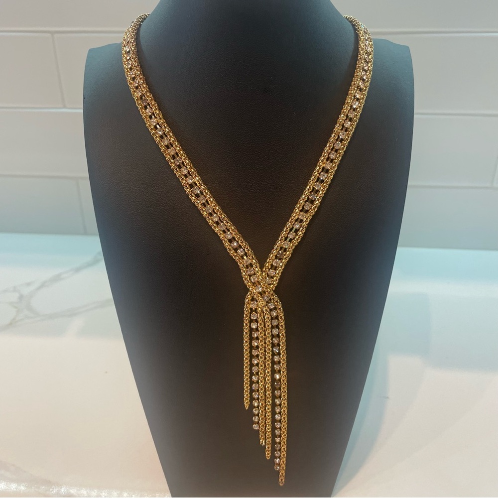 Elegant Gold Tone Clear Rhinestone Y Drop Vintage Crystal Statement Necklace
